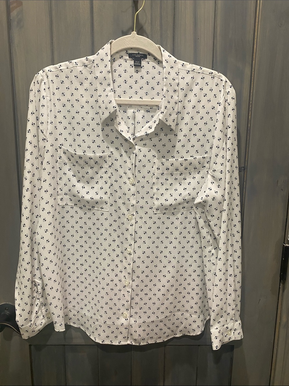 Ann Taylor White Button-Up Blouse with Black Micro Floral Print
